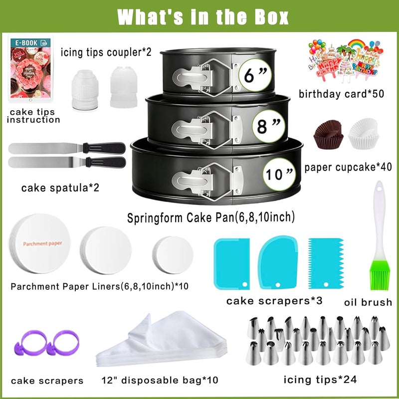 Easynzery 168pcs Cake Pan Sets for Baking + Cake Decorating Supplies: 3 Non-Stick Springform Pans Set (6, 8, 10 inches), Icing Tips – Multi-functional Leak-Proof CheeseCake Pan - Image 2